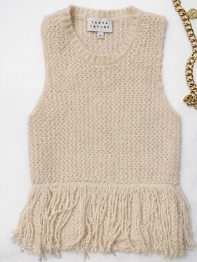 Tanya Taylor Cream Fringe Crewneck Sleeveless Knit Top